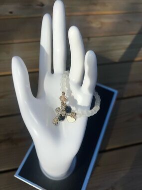 Gold Cross Charm White Bead Stretch Bracelet